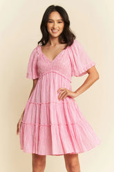 Davi & Dani Jacquard Checker Smocking Tiered Dress BARBIE PINK OutfitFlow